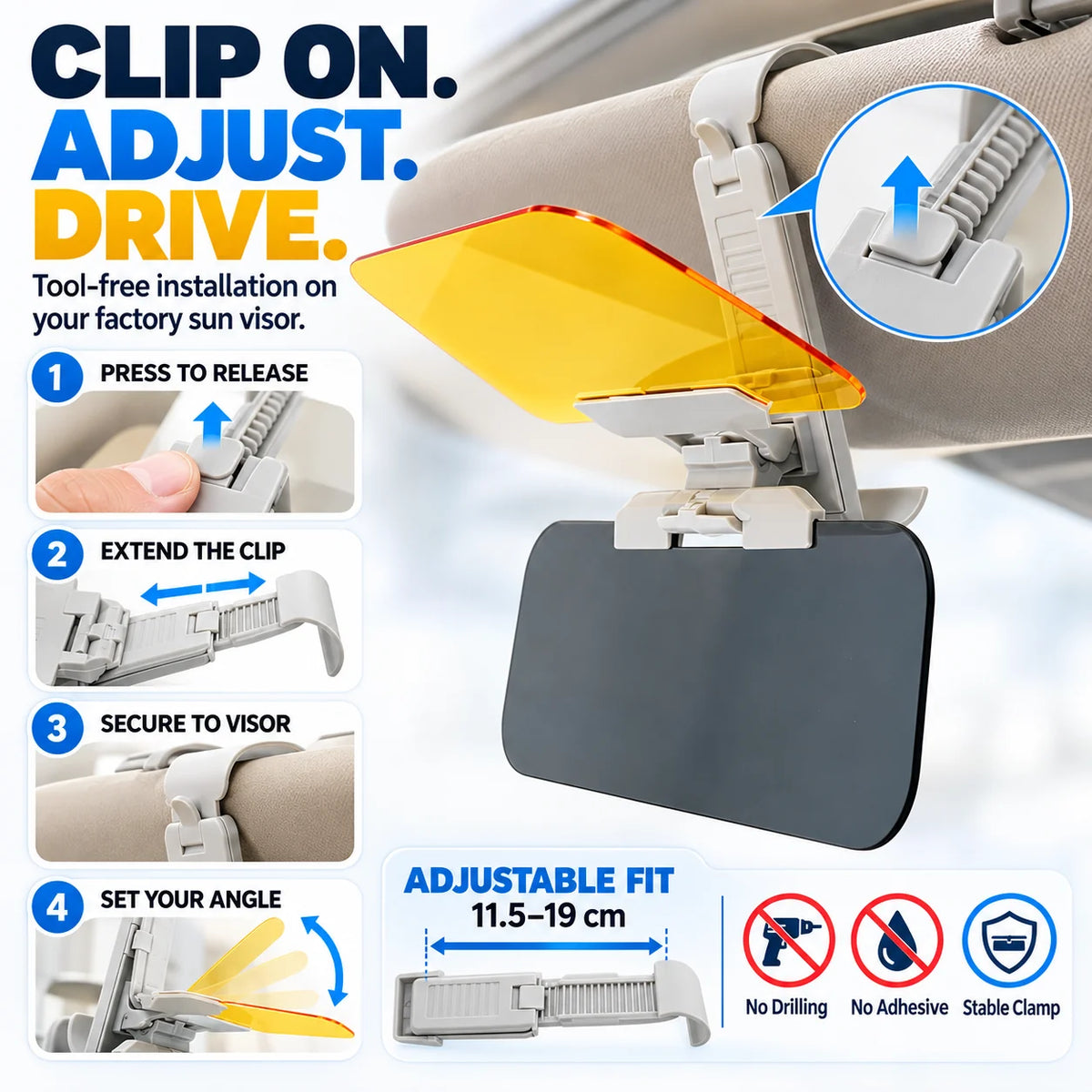 ☀️ 2-in-1 Day & Night Anti-Glare Car Visor Extender – Adjustable Dual-Lens Driving Shield