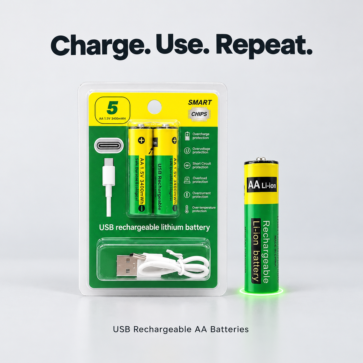 USB-C Rechargeable AA Batteries (Pack of 2) – Charge, Use, Repeat