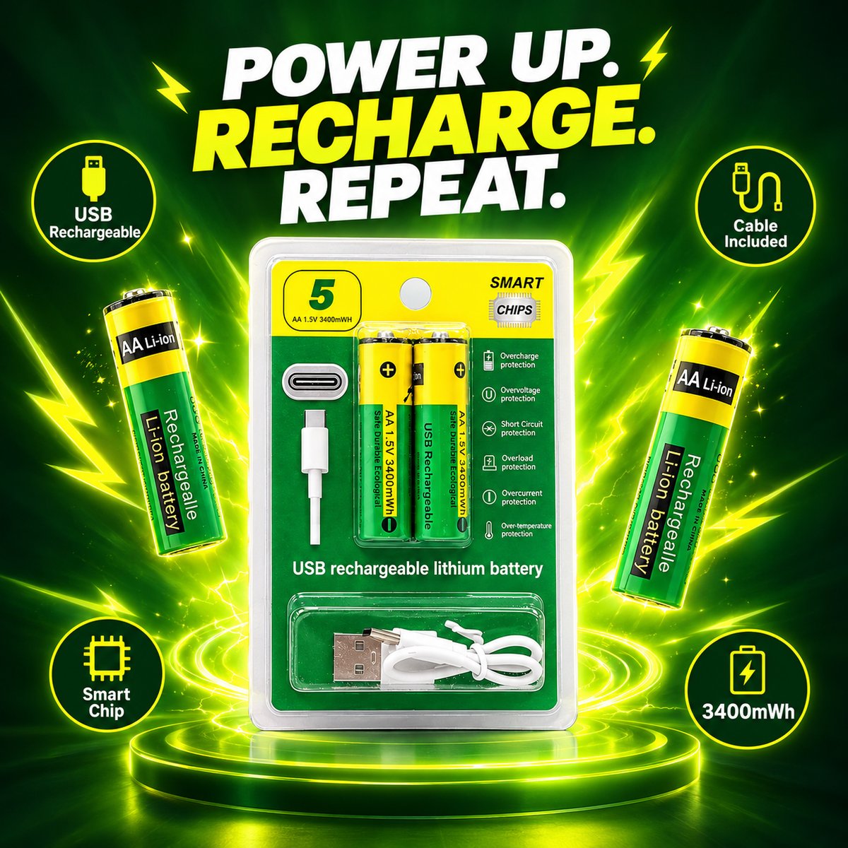 USB-C Rechargeable AA Batteries (Pack of 2) – Charge, Use, Repeat