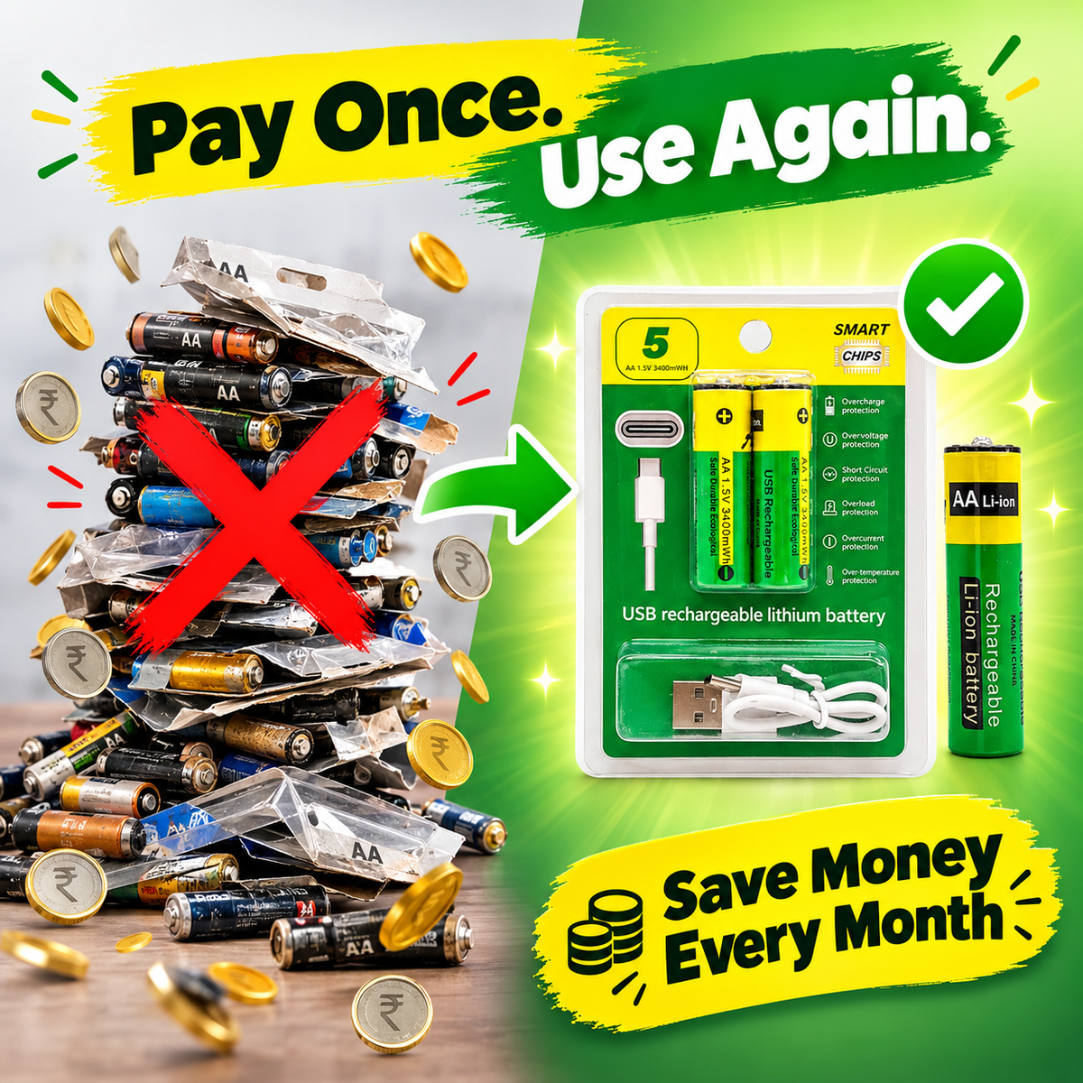 USB-C Rechargeable AA Batteries (Pack of 2) – Charge, Use, Repeat