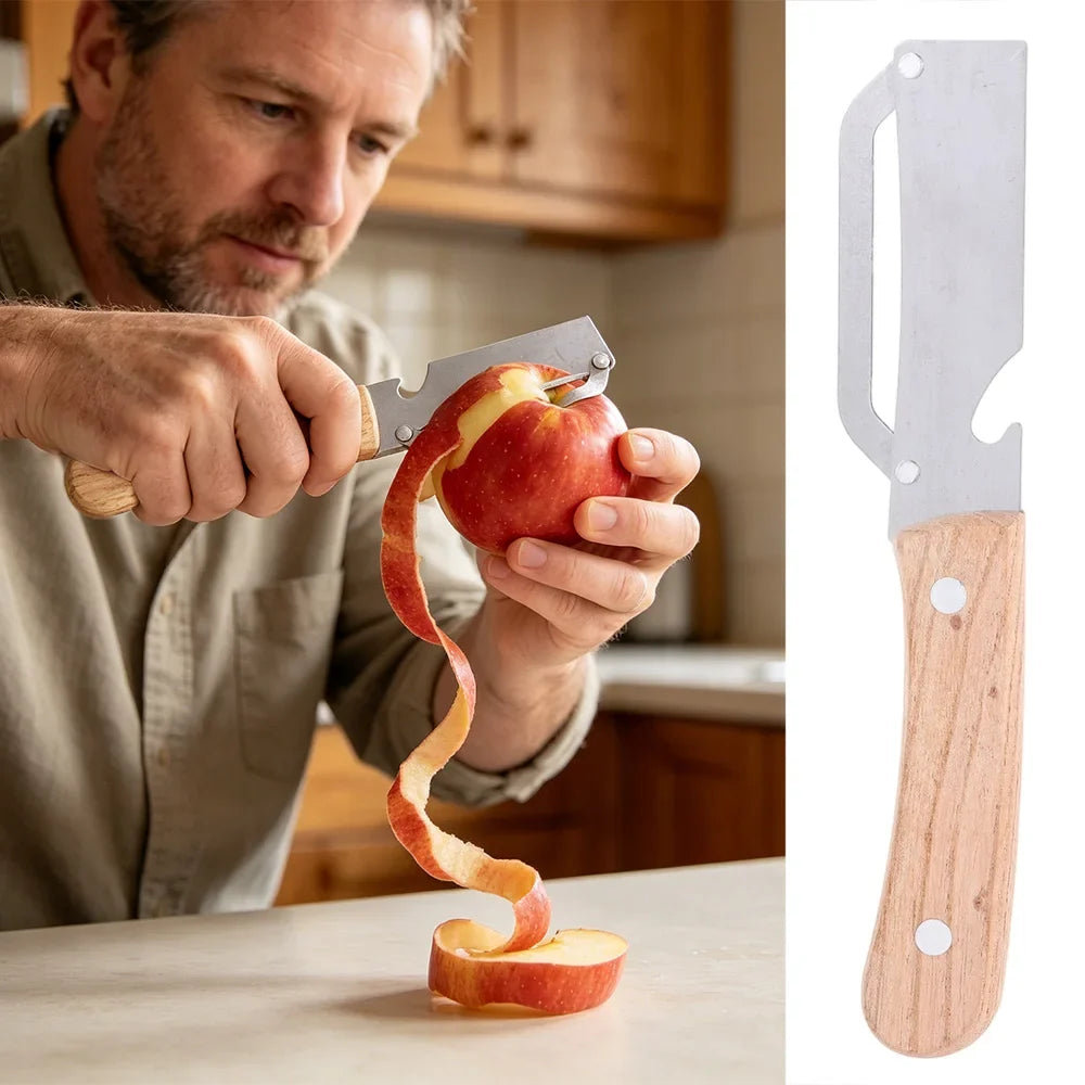 Multi-Functional Vegetable Peeler with Wooden Handle and Bottle Opener Stainless Steel Kitchen Peeler Peeling Tool