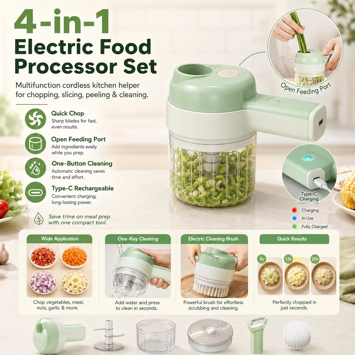 4-in-1 Manual Electric Vegetable Cutter Set Multifunction Cordless Food Processor Main image